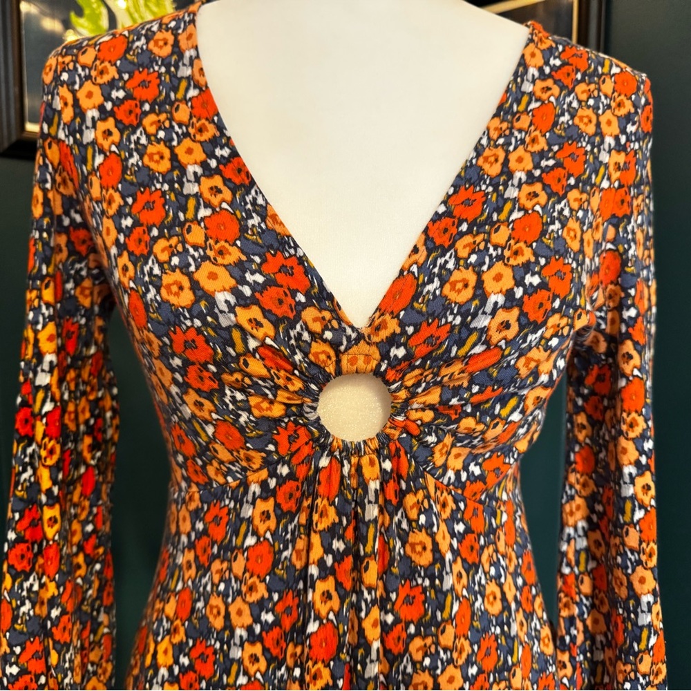 Boden orange and navy Floral Maxi Dress with Ring Front